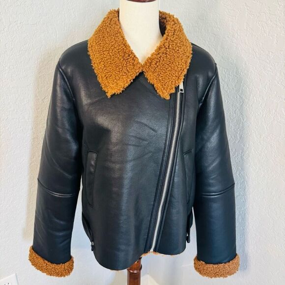 Rebecca Minkoff Faux Shearling Vegan Leather Moto Jacket, Black/Brown, Large NWT - Picture 15 of 16